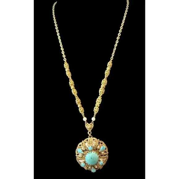 Vtg W Germany Gold-Tone Necklace Faux Turquoise & Pearl Filigree Pendant SIGNED - Picture 4 of 9